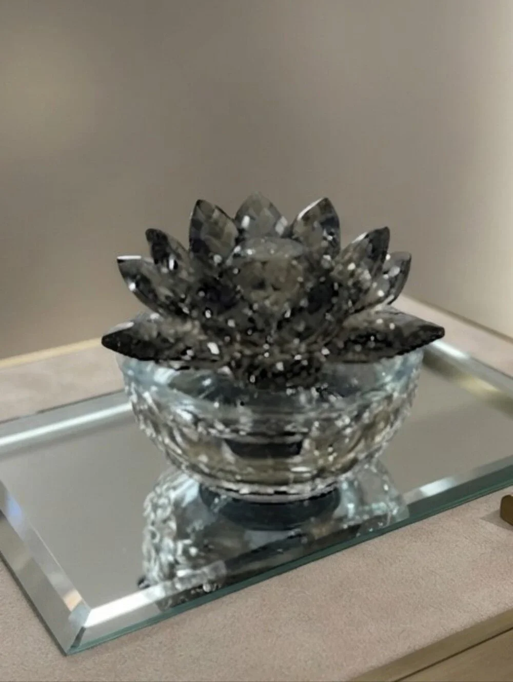 Crystal Lotus Decorative Bowl and Round Glass Jewelry Box - Vanity Accent